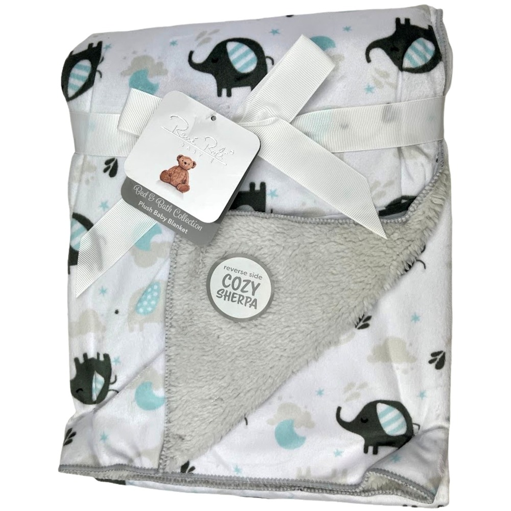 Rene Rofe White Elephant Baby Blanket Plush Sherpa Bon Bebe Gray Blue Star NWT